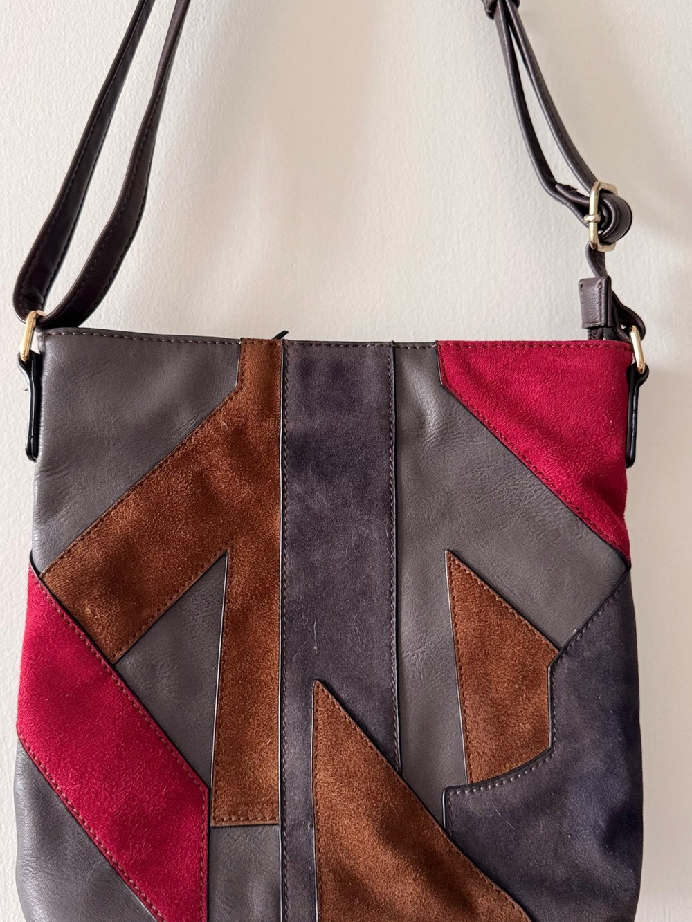 Gray Patchwork Crossbody Bag with Brown and Burgundy Suede Accents
